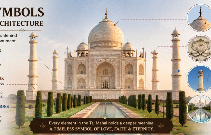Discover the hidden symbols in Taj Mahal architecture, from paradise gardens and Quranic inscriptions to lotus motifs and eternal love symbolism.