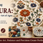 "Close-up of colorful Pietra Dura marble inlay artwork with skilled artisan crafting floral designs on white marble in Agra, inspired by the intricate stone inlay work of the Taj Mahal."