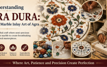 "Close-up of colorful Pietra Dura marble inlay artwork with skilled artisan crafting floral designs on white marble in Agra, inspired by the intricate stone inlay work of the Taj Mahal."