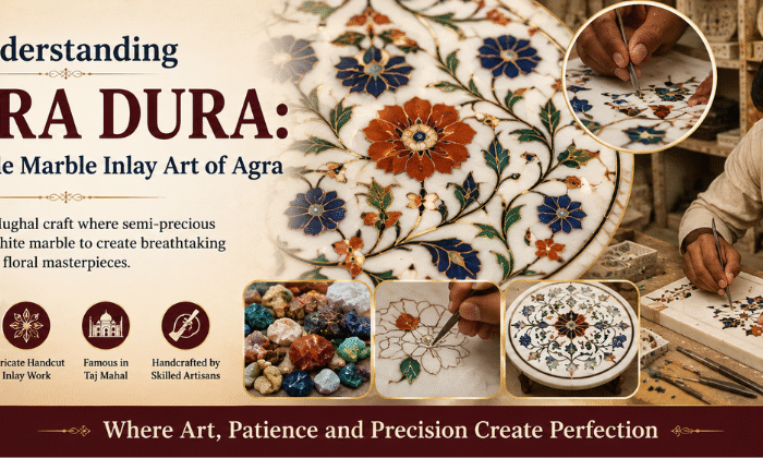 "Close-up of colorful Pietra Dura marble inlay artwork with skilled artisan crafting floral designs on white marble in Agra, inspired by the intricate stone inlay work of the Taj Mahal."