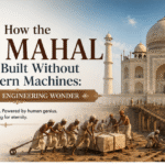 "Historical illustration of the Taj Mahal under construction using traditional tools, ramps, pulleys, and skilled artisans, showcasing how the Taj Mahal was built without modern machines as a timeless engineering wonder."