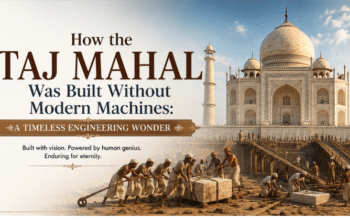 "Historical illustration of the Taj Mahal under construction using traditional tools, ramps, pulleys, and skilled artisans, showcasing how the Taj Mahal was built without modern machines as a timeless engineering wonder."