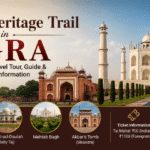 "Tourists exploring the Mughal Heritage Trail in Agra including the Taj Mahal, Agra Fort, and Mughal-era architectural landmarks."