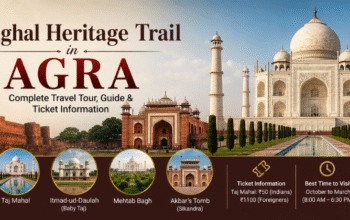 "Tourists exploring the Mughal Heritage Trail in Agra including the Taj Mahal, Agra Fort, and Mughal-era architectural landmarks."