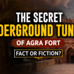 "Mysterious underground tunnel illustration alongside Agra Fort depicting the legend of the secret underground passages beneath the historic Mughal fortress."