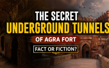 "Mysterious underground tunnel illustration alongside Agra Fort depicting the legend of the secret underground passages beneath the historic Mughal fortress."