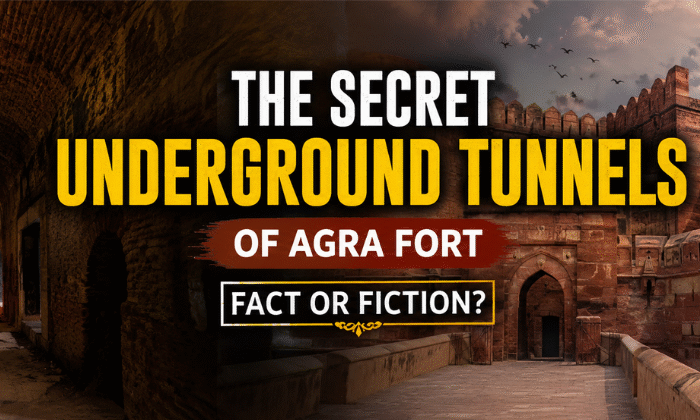 "Mysterious underground tunnel illustration alongside Agra Fort depicting the legend of the secret underground passages beneath the historic Mughal fortress."