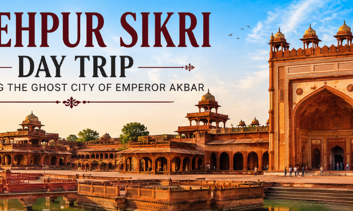 "Panoramic view of Fatehpur Sikri featuring Buland Darwaza, Mughal palaces, and historic courtyards during a day trip to Emperor Akbar's UNESCO World Heritage ghost city."