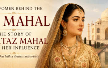 "Artistic portrait of Mumtaz Mahal with the Taj Mahal in the background, illustrating the inspiring story of the woman whose legacy led to the creation of India's iconic monument."
