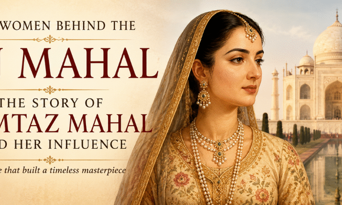 "Artistic portrait of Mumtaz Mahal with the Taj Mahal in the background, illustrating the inspiring story of the woman whose legacy led to the creation of India's iconic monument."