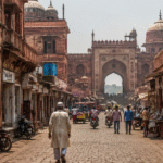 Walking the old streets of Mughal Agra with historic buildings and bustling markets