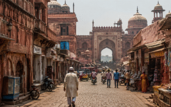 Walking the old streets of Mughal Agra with historic buildings and bustling markets