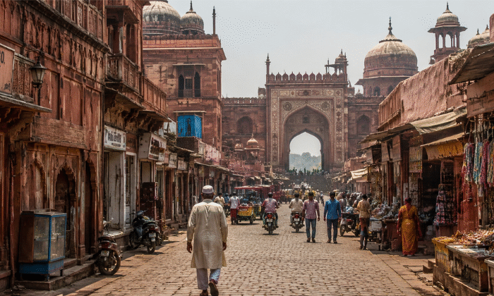 Walking the old streets of Mughal Agra with historic buildings and bustling markets