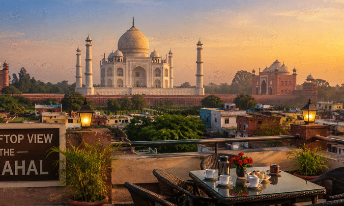 Best rooftop view of the Taj Mahal during sunrise in Agra