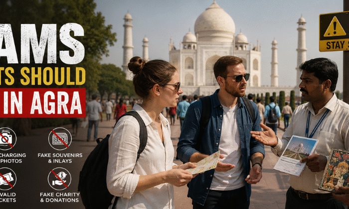 Tourist learning about scams to avoid while visiting Agra