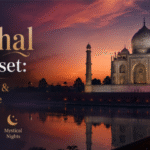 The Taj Mahal after sunset surrounded by moonlight