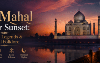 The Taj Mahal after sunset surrounded by moonlight