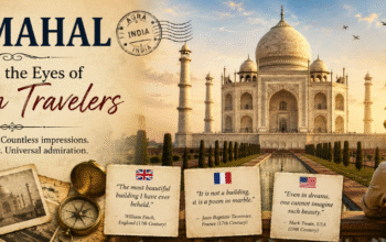 Foreign travelers admiring the Taj Mahal in Agra while experiencing India's iconic Mughal monument and cultural heritage