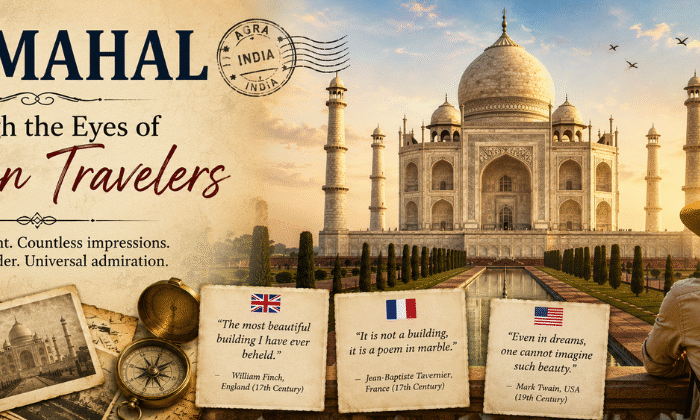 Foreign travelers admiring the Taj Mahal in Agra while experiencing India's iconic Mughal monument and cultural heritage