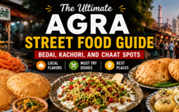 Agra Street Food Guide featuring Bedai, Kachori, Chaat, Jalebi, and Lassi with the Taj Mahal in the background