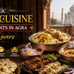 Authentic Mughlai cuisine in Agra featuring royal biryani, kebabs, rich curries, and traditional Indian dishes with the Taj Mahal in the background