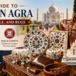 Shopping in Agra featuring authentic leather goods, marble handicrafts, handwoven rugs, and traditional souvenirs with the Taj Mahal in the background.