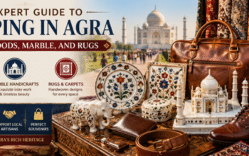 Shopping in Agra featuring authentic leather goods, marble handicrafts, handwoven rugs, and traditional souvenirs with the Taj Mahal in the background.