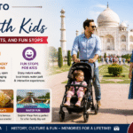 Traveling to Agra with Kids featuring a family exploring the Taj Mahal with a stroller, child-friendly attractions, and fun family activities.