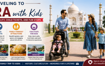 Traveling to Agra with Kids featuring a family exploring the Taj Mahal with a stroller, child-friendly attractions, and fun family activities.