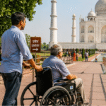 Wheelchair user visiting the Taj Mahal in Agra using accessible pathways with assistance during a comfortable sightseeing experience.