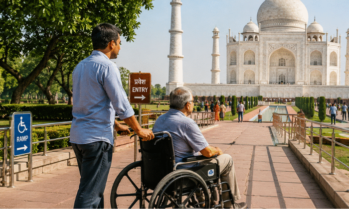 Wheelchair user visiting the Taj Mahal in Agra using accessible pathways with assistance during a comfortable sightseeing experience.