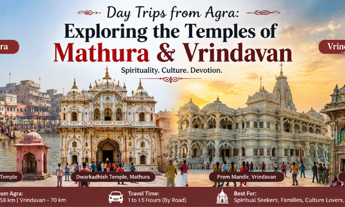 Mathura and Vrindavan day trip from Agra featuring Shri Krishna Janmabhoomi, Prem Mandir, Banke Bihari Temple, and other famous Krishna temples.