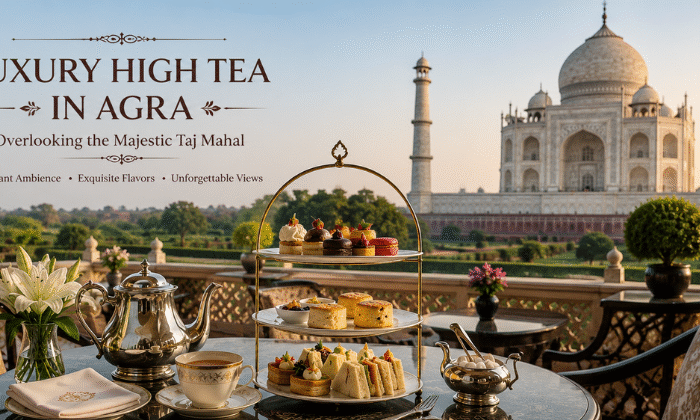 Luxury high tea in Agra overlooking the Taj Mahal with premium tea, gourmet pastries, elegant terrace seating, and panoramic monument views.
