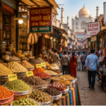 Agra spice markets and old bazaars featuring colorful spice stalls, handcrafted souvenirs, leather goods, and bustling local shopping streets.