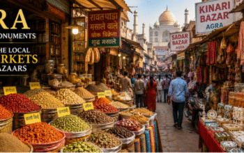 Agra spice markets and old bazaars featuring colorful spice stalls, handcrafted souvenirs, leather goods, and bustling local shopping streets.