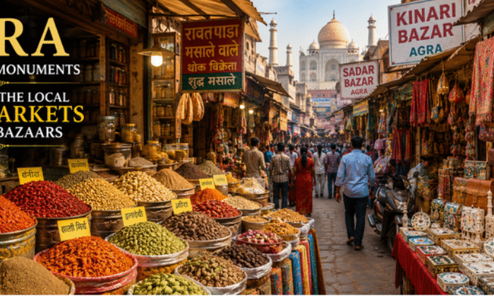 Agra spice markets and old bazaars featuring colorful spice stalls, handcrafted souvenirs, leather goods, and bustling local shopping streets.