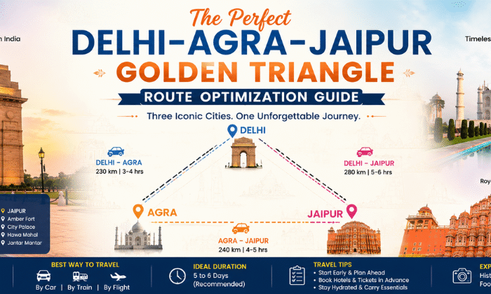 Golden Triangle Route Guide featuring Delhi, Agra, and Jaipur with iconic landmarks including India Gate, the Taj Mahal, and Hawa Mahal.