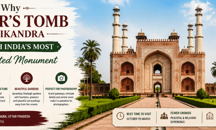 Akbar's Tomb at Sikandra in Agra showcasing the grand Mughal entrance gateway, Charbagh gardens, and intricate red sandstone architecture.