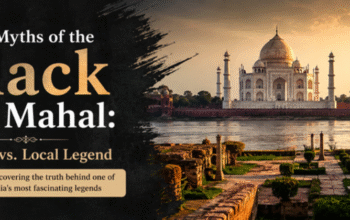 View of Mehtab Bagh across the Yamuna River with the Taj Mahal, illustrating the famous Black Taj Mahal myth and its historical background.