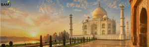 The Taj Mahal glowing in the soft light of sunrise and the golden hues of sunset in Agra, India